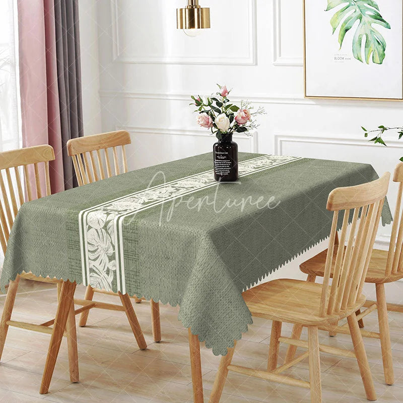 Aperturee - Aperturee Sage Green Rustic Texture Floral Center Rectangle Tablecloth Elegant Dining Decor Washable Kitchen Table Cover