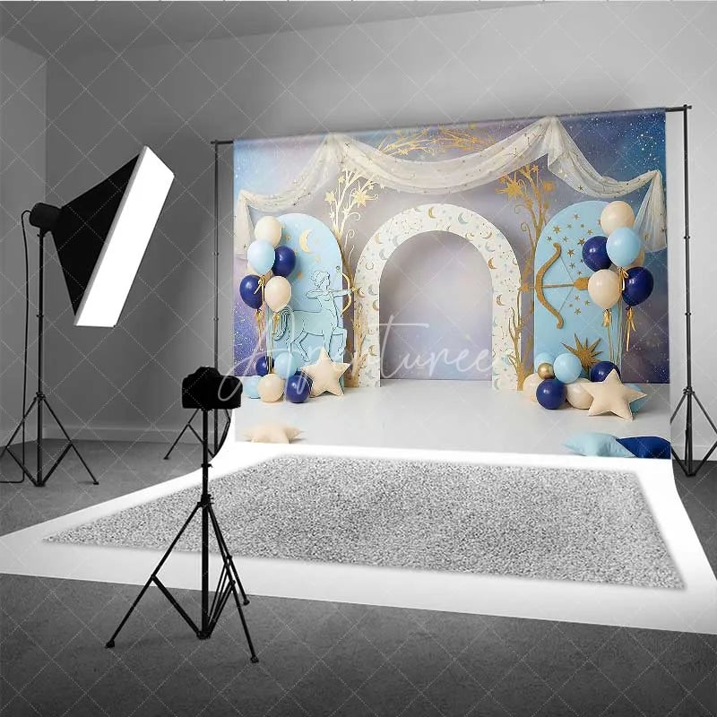 Aperturee - Aperturee Sagittarius Zodiac Photography Backdrop Blue Archer and Gold Stars Birthday Party Background