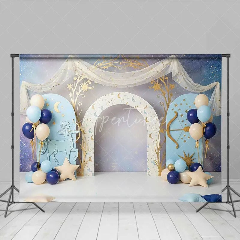 Aperturee - Aperturee Sagittarius Zodiac Photography Backdrop Blue Archer and Gold Stars Birthday Party Background