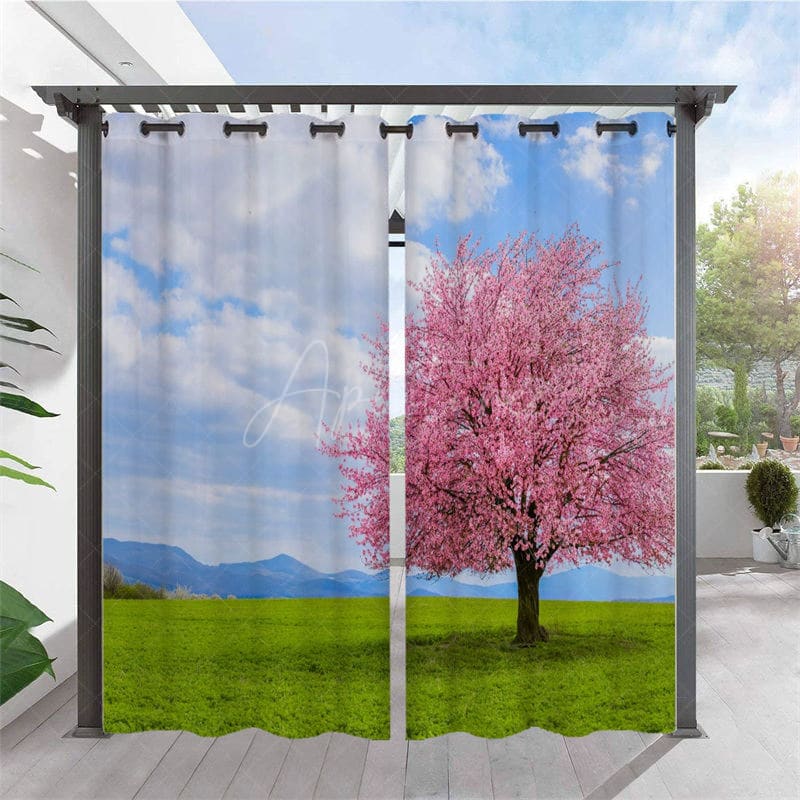 Aperturee - Aperturee Sakura Tree Waterproof Spring Outdoor Curtains For Patio