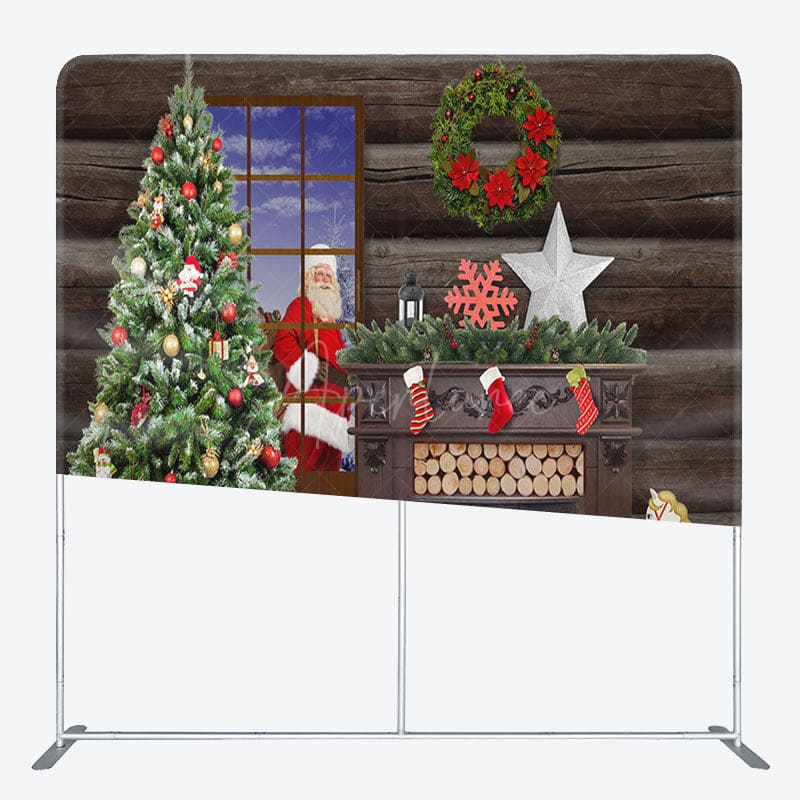 Aperturee - Aperturee Santa Claus Wood House Christmas Tension Fabric Backdrop
