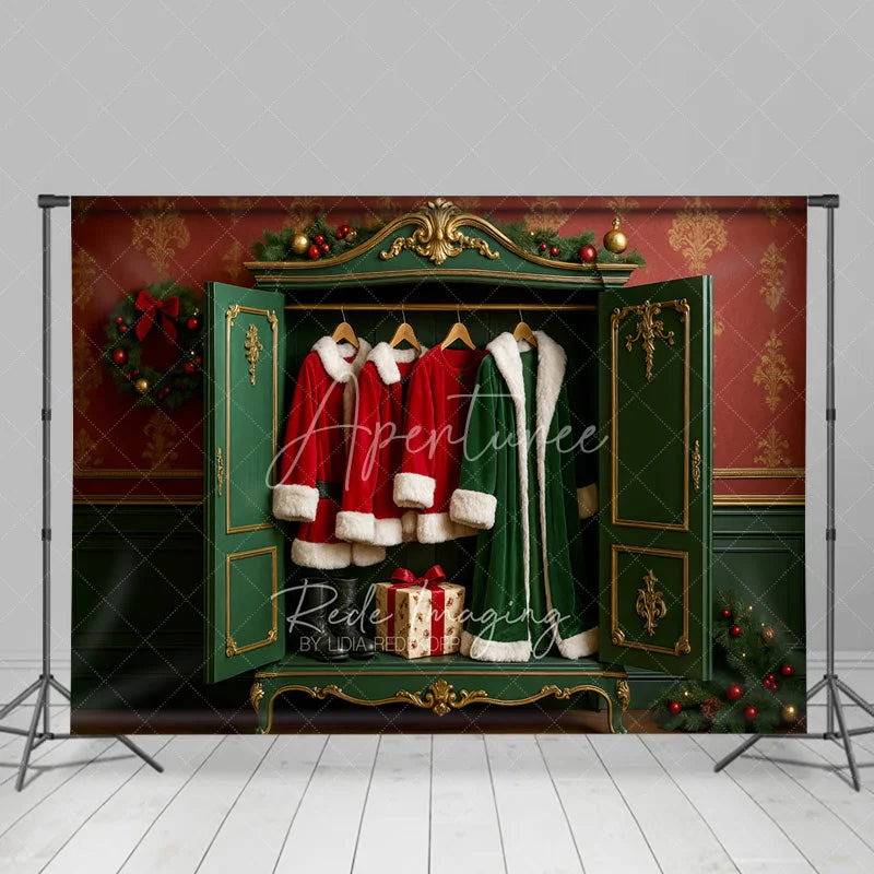 Aperturee - Aperturee Santa Closet Backdrop Green Wardrobe Red Coat Gift Photography Background Dressing Room Winter Holiday Party