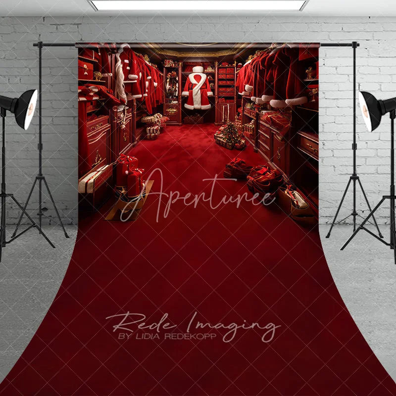 Aperturee - Aperturee Santa Closet Sweep Backdrop Red Suit Wardrobe Gift Photography Background Luxury Dressing Room Christmas Holiday