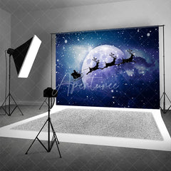 Aperturee - Aperturee Santa Sleigh Christmas Backdrop Flying Reindeer Full Moon Silhouette Snowy Night Winter Photography Props