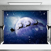 Aperturee - Aperturee Santa Sleigh Christmas Backdrop Flying Reindeer Full Moon Silhouette Snowy Night Winter Photography Props