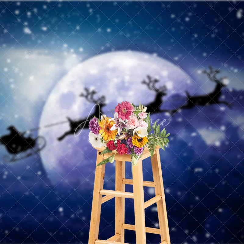 Aperturee - Aperturee Santa Sleigh Christmas Backdrop Flying Reindeer Full Moon Silhouette Snowy Night Winter Photography Props