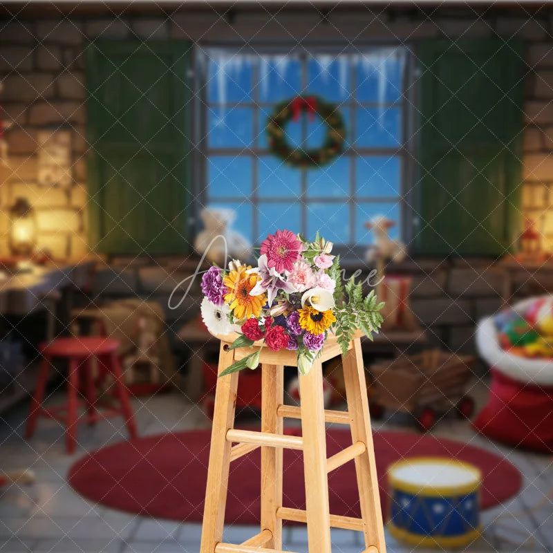 Aperturee - Aperturee Santa Workshop Backdrop Toy Maker Room with Workbench Christmas Window Scene Holiday Photography Props