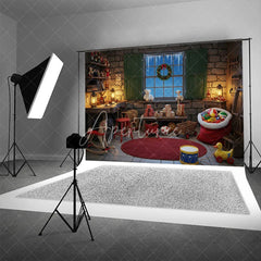 Aperturee - Aperturee Santa Workshop Backdrop Toy Maker Room with Workbench Christmas Window Scene Holiday Photography Props