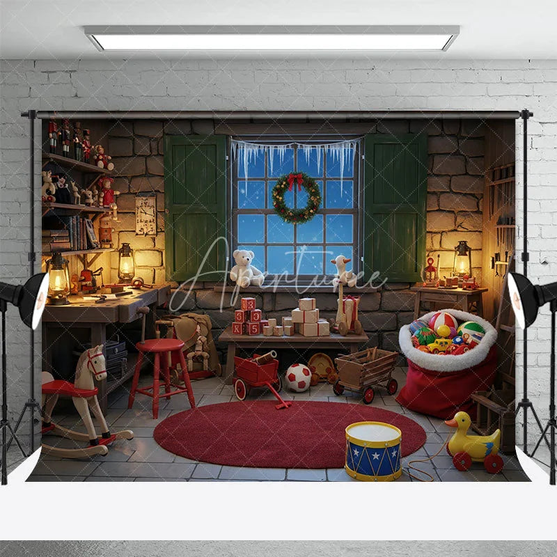 Aperturee - Aperturee Santa Workshop Backdrop Toy Maker Room with Workbench Christmas Window Scene Holiday Photography Props