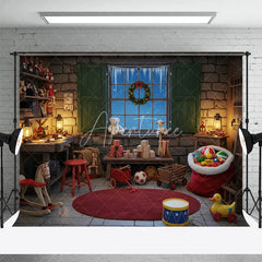 Aperturee - Aperturee Santa Workshop Backdrop Toy Maker Room with Workbench Christmas Window Scene Holiday Photography Props