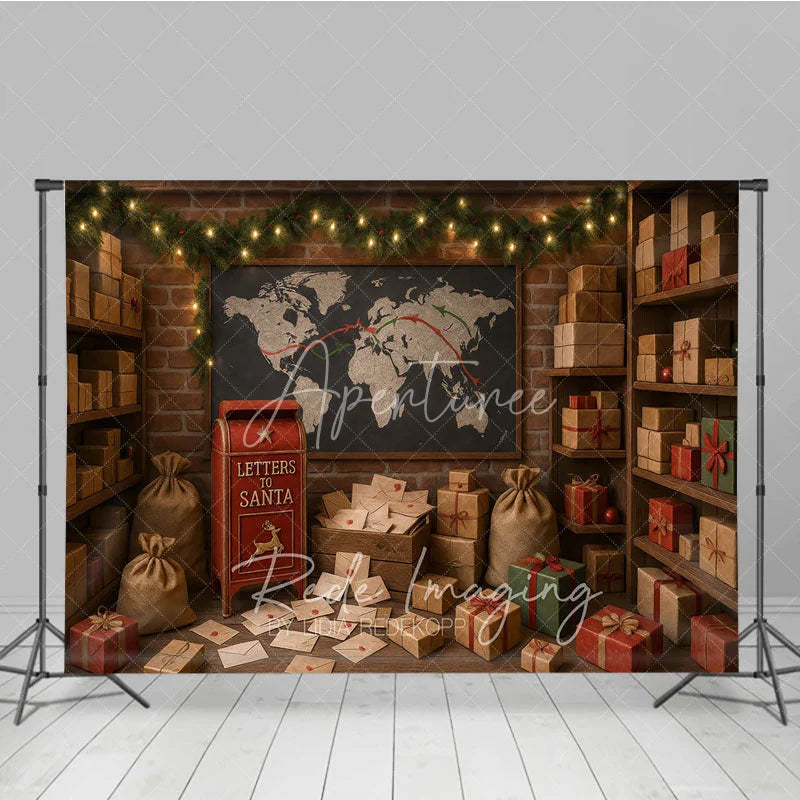 Aperturee - Aperturee Santa’s Mailroom Photography Backdrop Letters to Santa Workshop North Pole Christmas Mini Session Background
