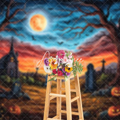 Aperturee - Aperturee Scary Red Blue Sky Moon Cemetery Halloween Backdrop