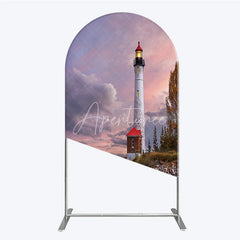 Aperturee - Aperturee Scenic Lighthouse and Coastal Sunset Round Top Arch Backdrop Dramatic Sky Photography Prop for Studio