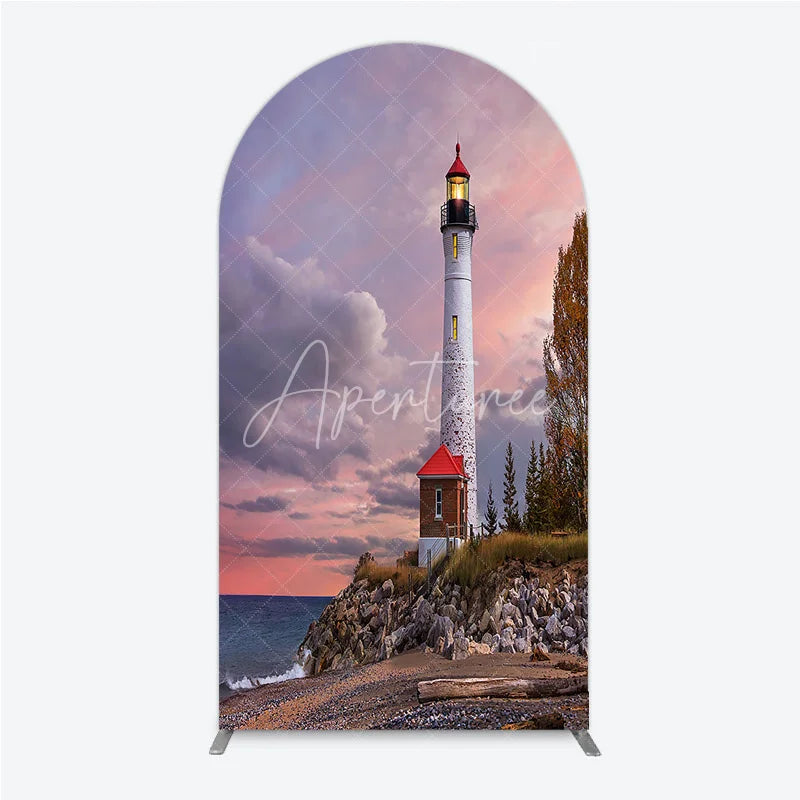 Aperturee - Aperturee Scenic Lighthouse and Coastal Sunset Round Top Arch Backdrop Dramatic Sky Photography Prop for Studio