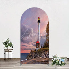 Aperturee - Aperturee Scenic Lighthouse and Coastal Sunset Round Top Arch Backdrop Dramatic Sky Photography Prop for Studio