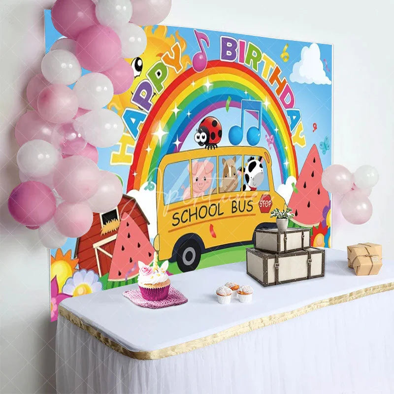 Aperturee - Aperturee School Bus Birthday Backdrop Farm Animals with Rainbow Nursery Rhyme Theme Party Supplies for Kids