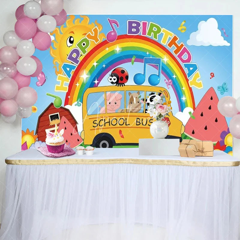 Aperturee - Aperturee School Bus Birthday Backdrop Farm Animals with Rainbow Nursery Rhyme Theme Party Supplies for Kids
