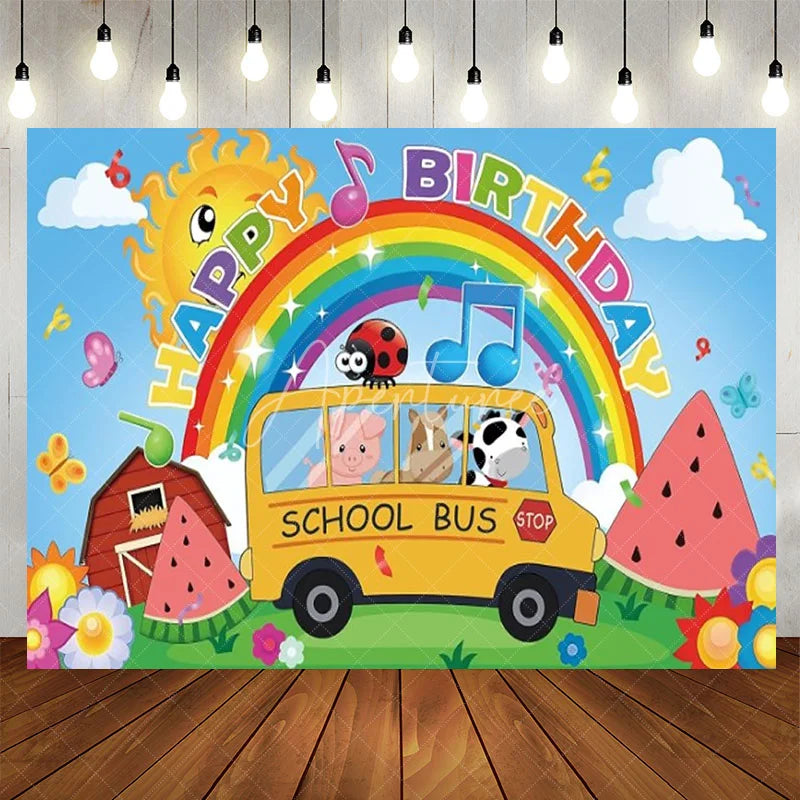 Aperturee - Aperturee School Bus Birthday Backdrop Farm Animals with Rainbow Nursery Rhyme Theme Party Supplies for Kids