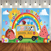 Aperturee - Aperturee School Bus Birthday Backdrop Farm Animals with Rainbow Nursery Rhyme Theme Party Supplies for Kids