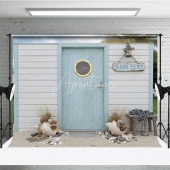 Aperturee - Aperturee Seaside Escape Light Blue Wooden Door Photography Backdrop with Porthole White Plank Wall and Beach Decor