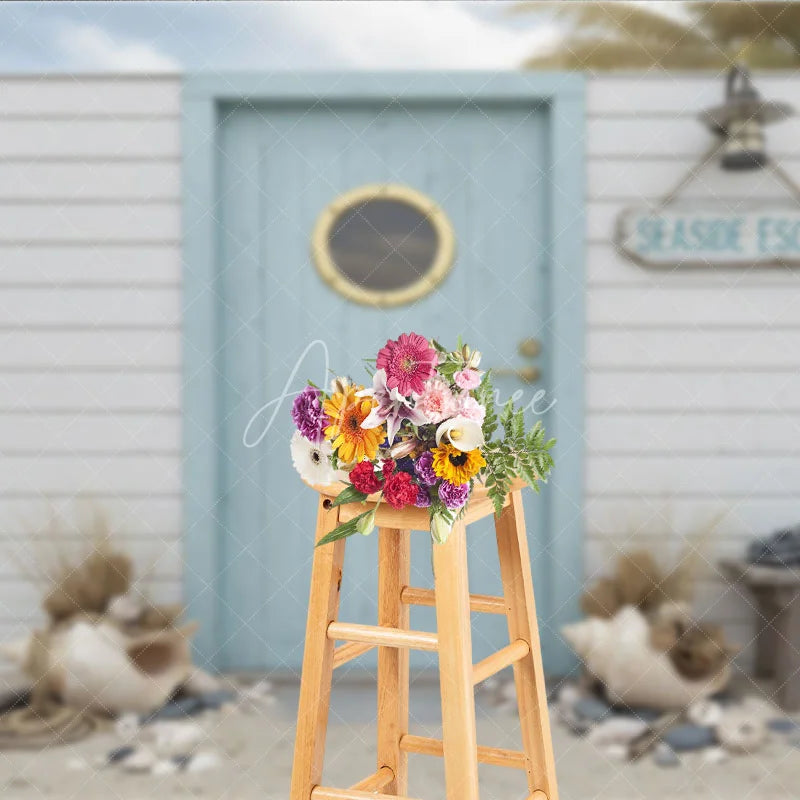 Aperturee - Aperturee Seaside Escape Light Blue Wooden Door Photography Backdrop with Porthole White Plank Wall and Beach Decor