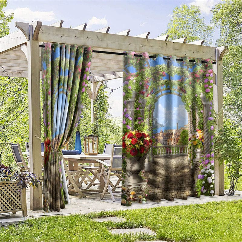 Aperturee - Aperturee Seaside Garden Waterproof Printed Outdoor Curtains