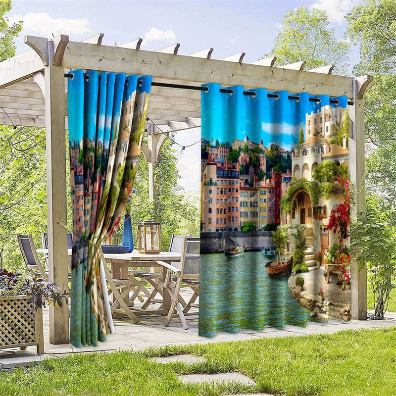 Aperturee - Aperturee Seaside Town Scene Waterproof Printed Outdoor Curtains
