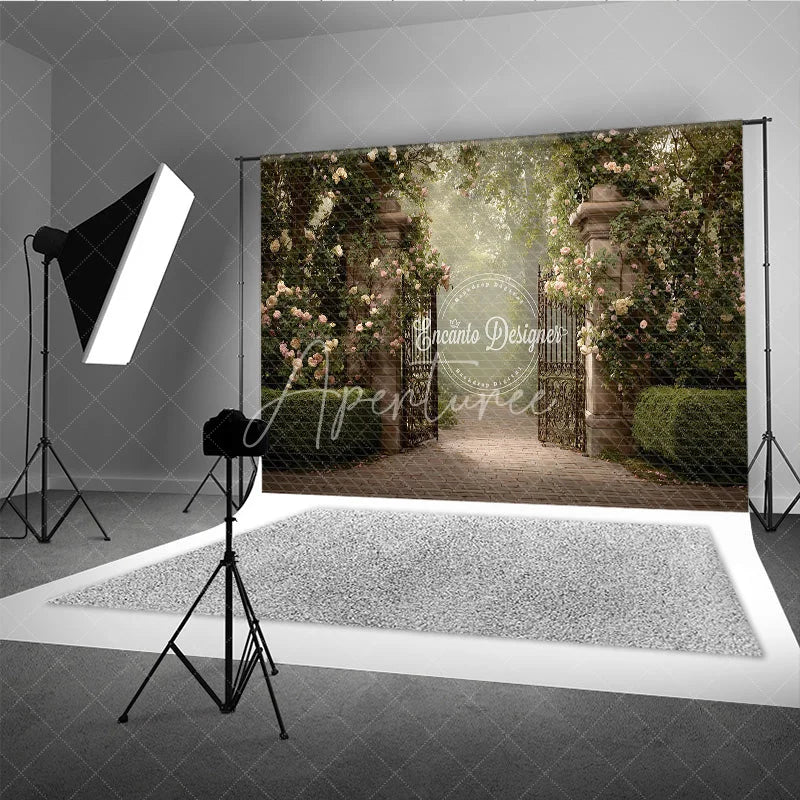 Aperturee - Aperturee Secret Garden Gate Backdrop Stone Pillars with Iron Gate Pink Rose Floral Photography Background Prop