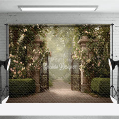 Aperturee - Aperturee Secret Garden Gate Backdrop Stone Pillars with Iron Gate Pink Rose Floral Photography Background Prop