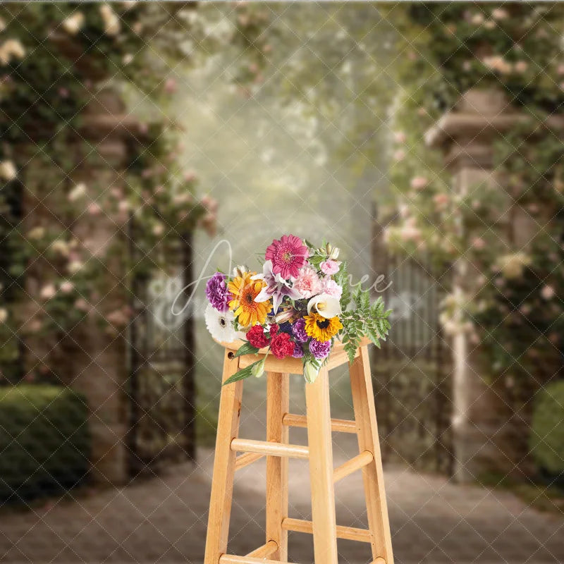 Aperturee - Aperturee Secret Garden Gate Backdrop Stone Pillars with Iron Gate Pink Rose Floral Photography Background Prop