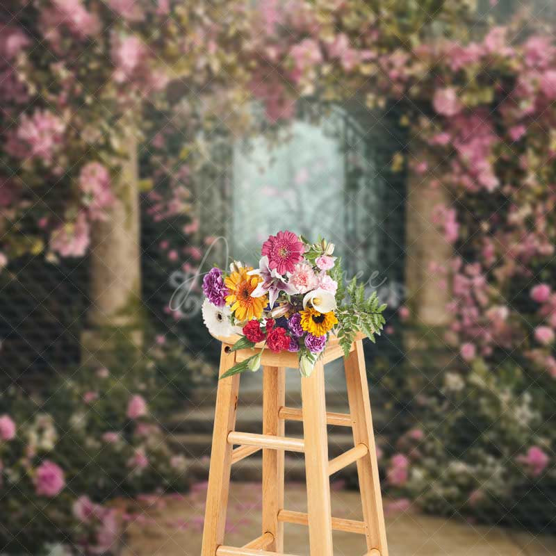 Aperturee Aperturee Secret Garden Gate Photography Backdrop Pink Climbing Roses and Enchanted Forest Fairytale Wedding Photo Prop
