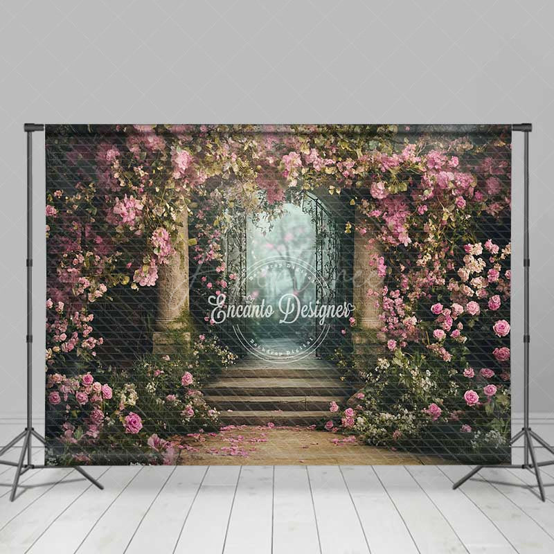 Aperturee Aperturee Secret Garden Gate Photography Backdrop Pink Climbing Roses and Enchanted Forest Fairytale Wedding Photo Prop