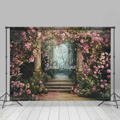 Aperturee Aperturee Secret Garden Gate Photography Backdrop Pink Climbing Roses and Enchanted Forest Fairytale Wedding Photo Prop