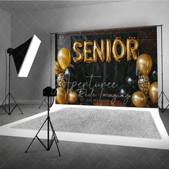 Aperturee - Aperturee Senior Gold Balloon Graduation Photography Backdrop Black Brick Wall and Confetti Balloons Background