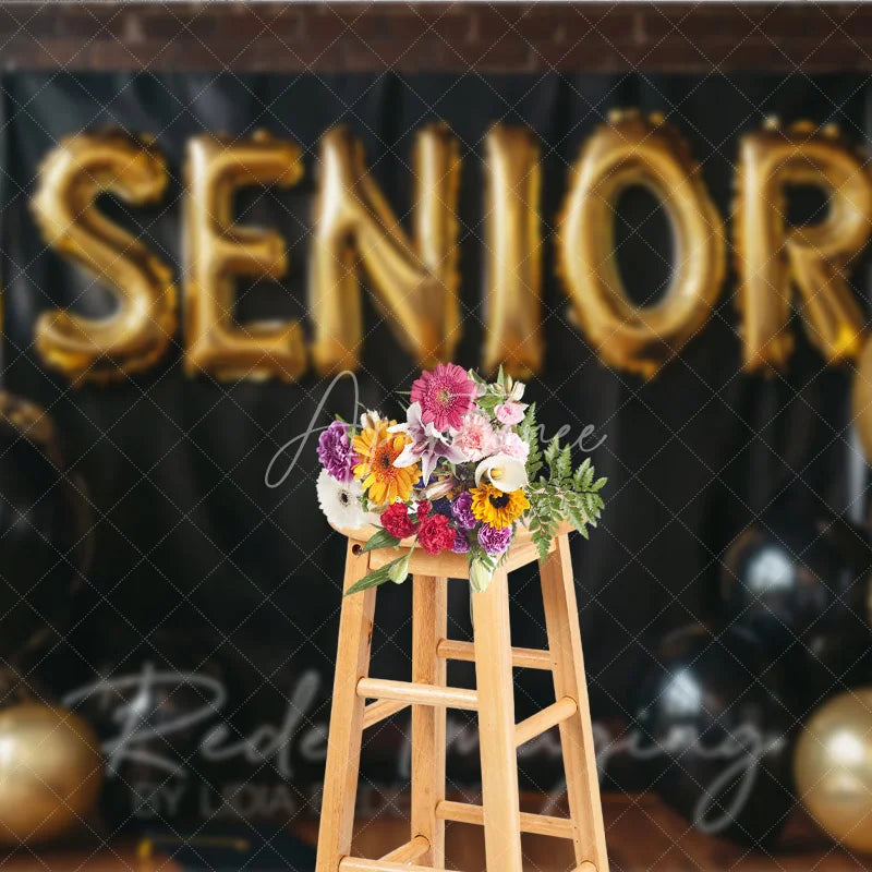 Aperturee - Aperturee Senior Gold Balloon Graduation Photography Backdrop Black Brick Wall and Confetti Balloons Background