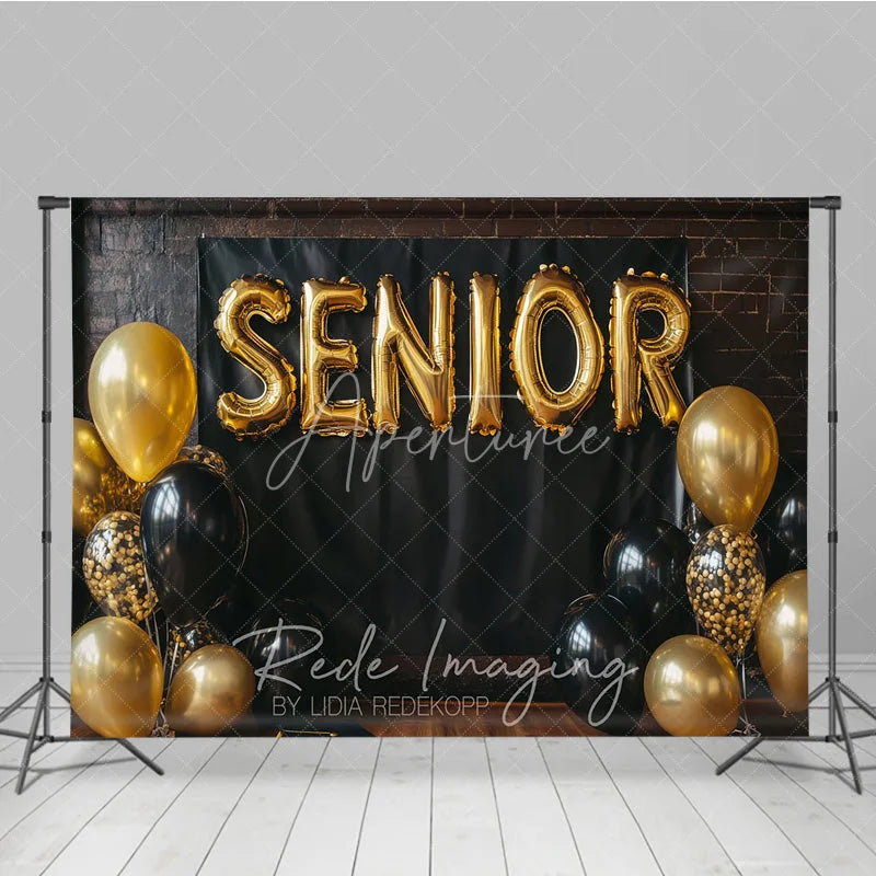 Aperturee - Aperturee Senior Gold Balloon Graduation Photography Backdrop Black Brick Wall and Confetti Balloons Background