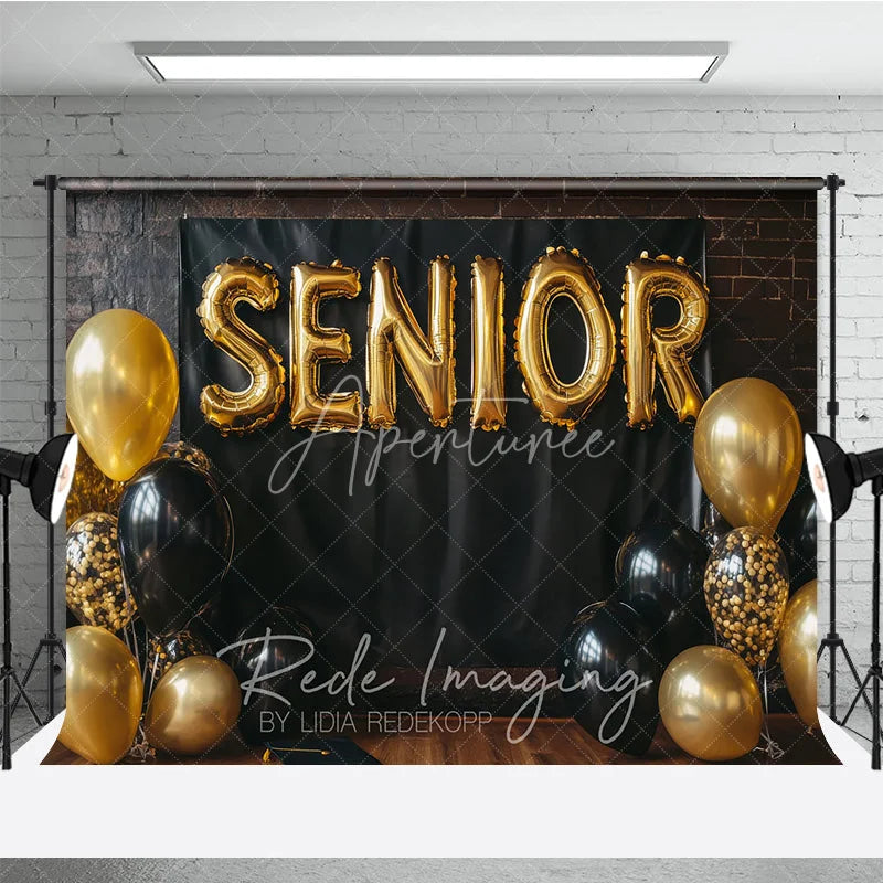 Aperturee - Aperturee Senior Gold Balloon Graduation Photography Backdrop Black Brick Wall and Confetti Balloons Background