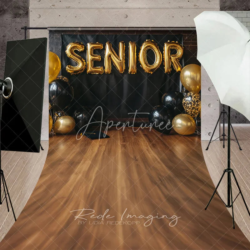 Aperturee - Aperturee Senior Gold Balloons Graduation Photography Backdrop Black Wall and Wooden Floor Studio Sweep Background