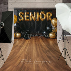 Aperturee - Aperturee Senior Gold Balloons Graduation Photography Backdrop Black Wall and Wooden Floor Studio Sweep Background
