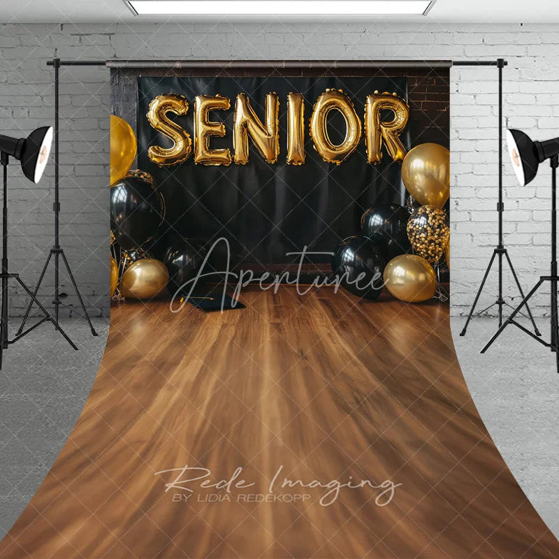 Aperturee - Aperturee Senior Gold Balloons Graduation Photography Backdrop Black Wall and Wooden Floor Studio Sweep Background