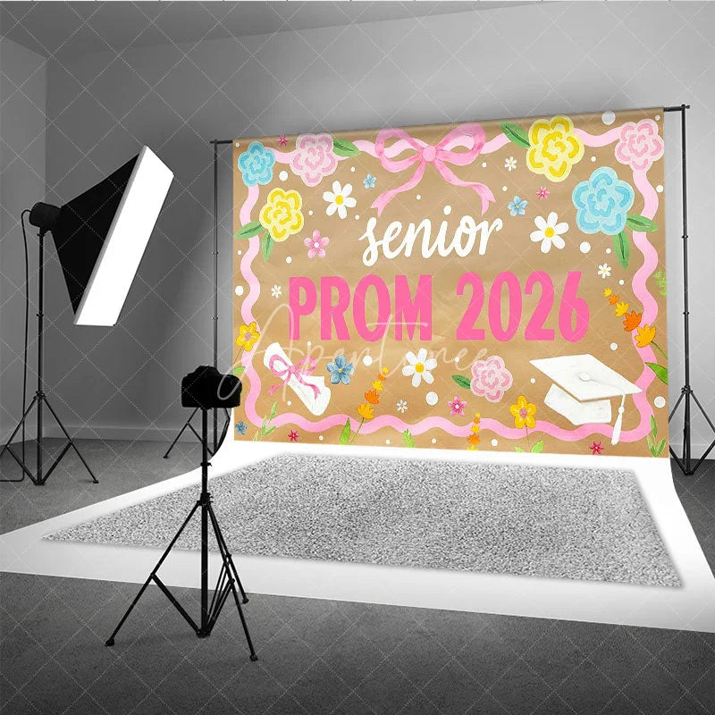 Aperturee - Aperturee Senior Prom 2026 Backdrop Pink Ribbon Flowers and Graduation Cap Diploma Photography Background