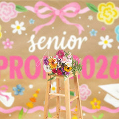 Aperturee - Aperturee Senior Prom 2026 Backdrop Pink Ribbon Flowers and Graduation Cap Diploma Photography Background