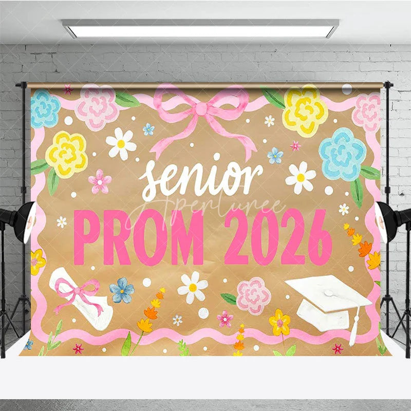 Aperturee - Aperturee Senior Prom 2026 Backdrop Pink Ribbon Flowers and Graduation Cap Diploma Photography Background