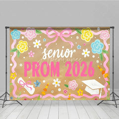 Aperturee - Aperturee Senior Prom 2026 Backdrop Pink Ribbon Flowers and Graduation Cap Diploma Photography Background