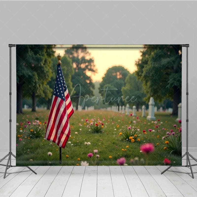 Aperturee - Aperturee Serene Cemetery Scene American Flag Flower Backdrop