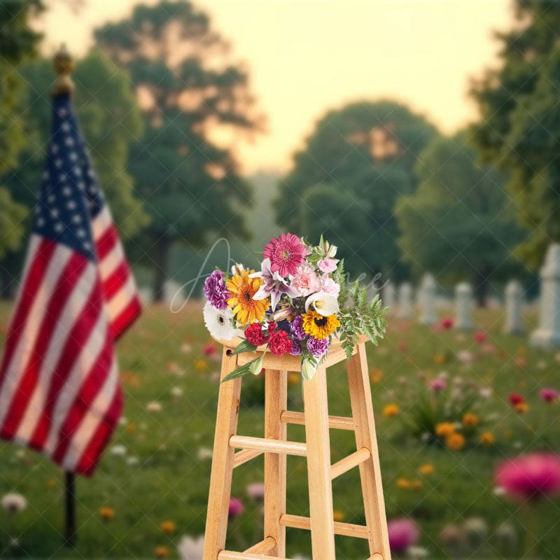Aperturee - Aperturee Serene Cemetery Scene American Flag Flower Backdrop