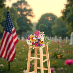 Aperturee - Aperturee Serene Cemetery Scene American Flag Flower Backdrop