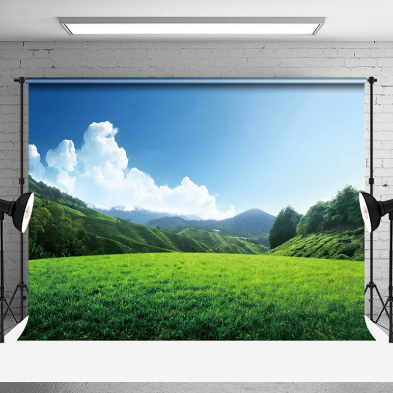 Aperturee - Aperturee Serene Green Meadow Distant Mountains Sky Backdrop