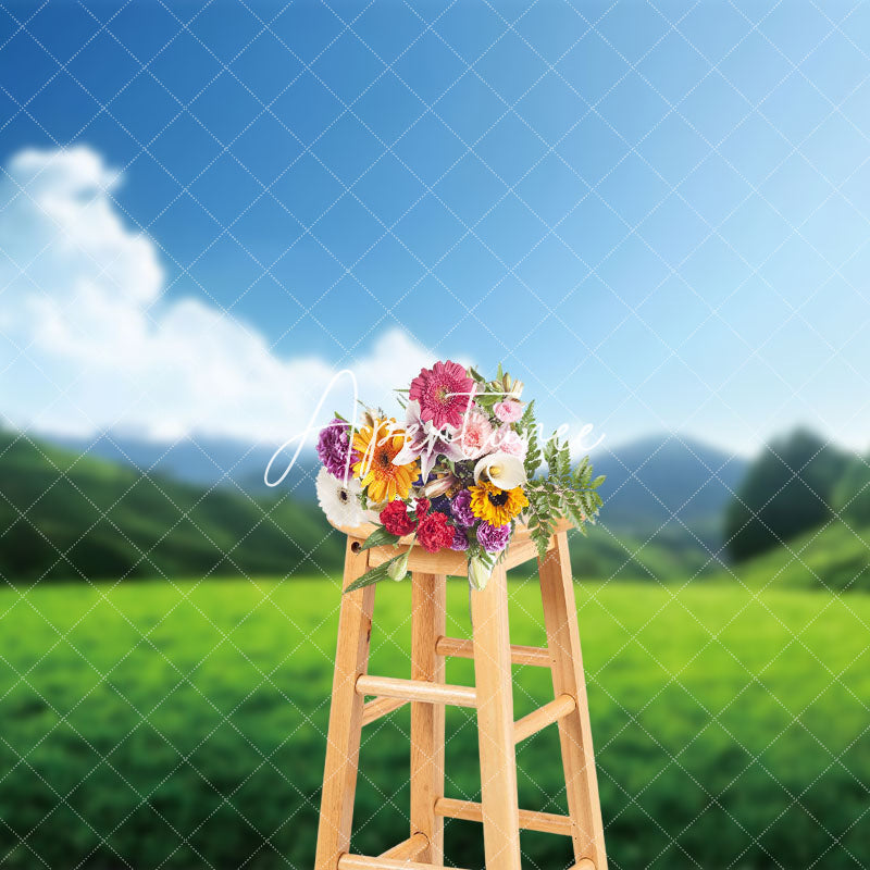 Aperturee - Aperturee Serene Green Meadow Distant Mountains Sky Backdrop