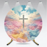 Aperturee - Aperturee Serene Heavenly Cross with Pastel Clouds and Bright Sky Round Backdrop Spiritual Baptism and Easter Decor